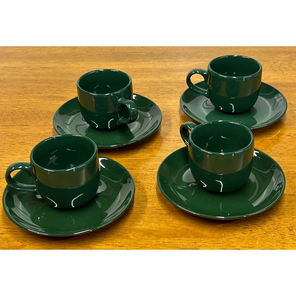 Crown Stoneware Hunter Green Mini Espresso‎ Cup and Saucer Set of 4 Thailand - Picture 2 of 11